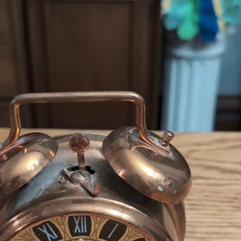 MOM Alarm Clock Bell Copper Metal Wind Up Analog Roman Numerals Mechanical